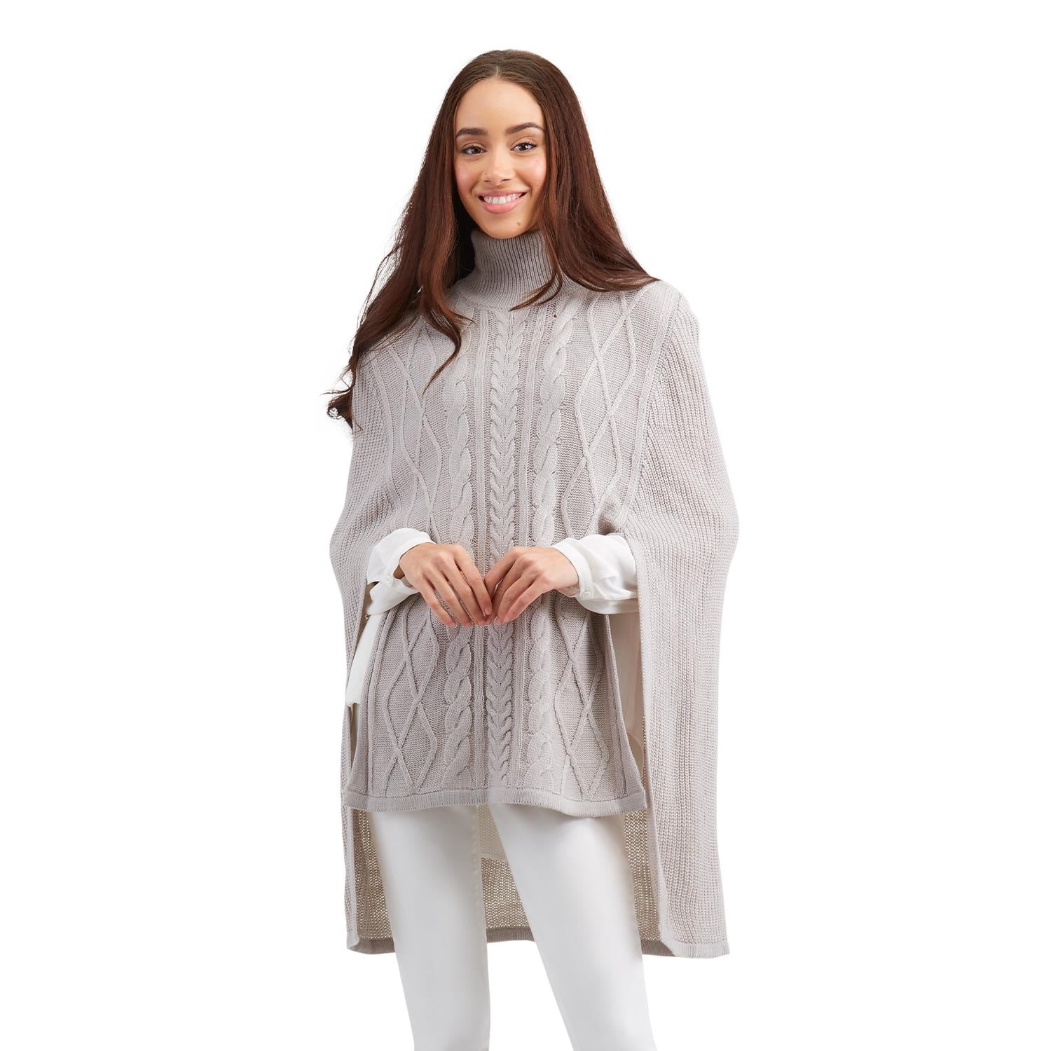 Grey Cable Knit Turtleneck Poncho